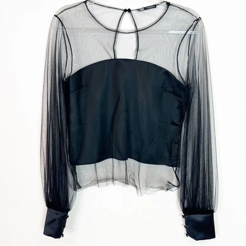 ZARA BLACK BODICE SHEER MESH SLEEVE NECKLINE LONG SLEEVES SEXY PARTY SMALL - Picture 4 of 9